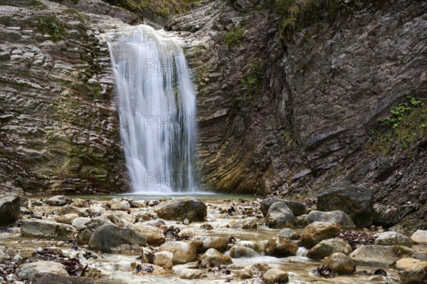 Waterfall in the Schleifmühlenklamm gorge, Unterammergau, Ammergau Alps, Upper Bavaria, Bavaria,