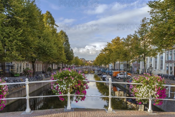 Cityscape of Leiden with channel in city center, Netherlands