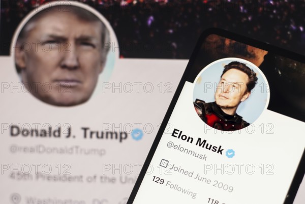 In this photo illustration, the Donald Trump Twitter account displayed on a laptop screen and Elon