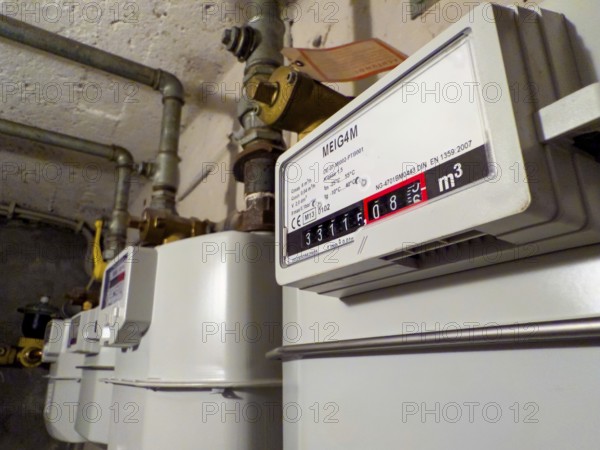 Row of gas meters in a basement in Düsseldorf