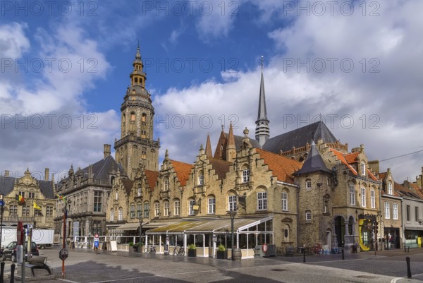 View of main market square with belfry and church in Veurne, Belgium, Europe