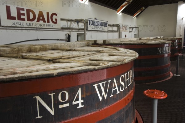 Barrels, whisky distillery, founded 1798, Tobermory, Isle of Mull, Scotland, United Kingdom, Europe