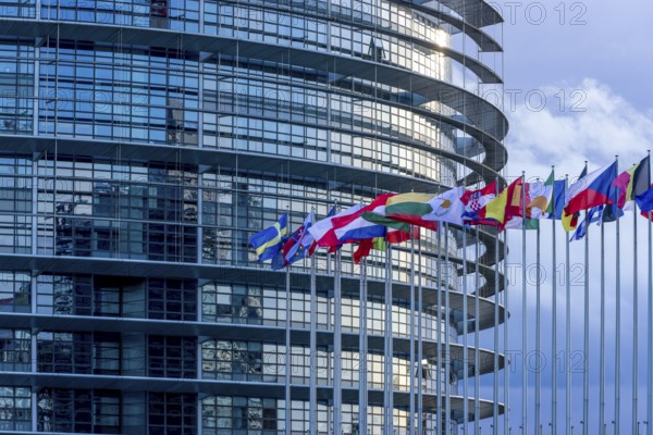 EU flags on poles in front of the Glass Fasadz building and the entrance to the European