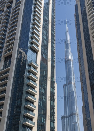 A picture of the Burj Khalifa as seen through nearby apartment buildings