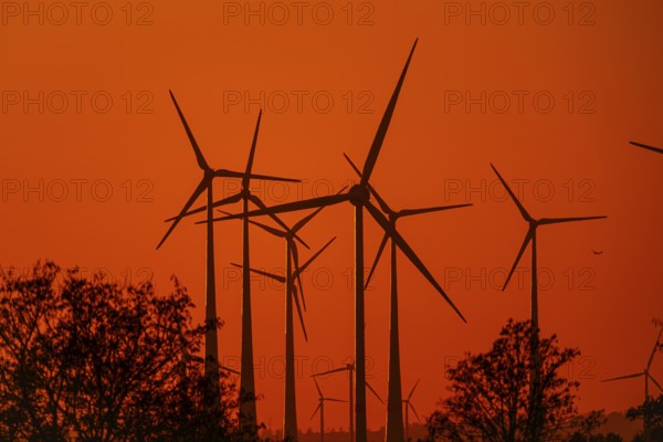 Wind turbines at sunset, Bad Wünnenberg, North Rhine-Westphalia, Germany, Europe