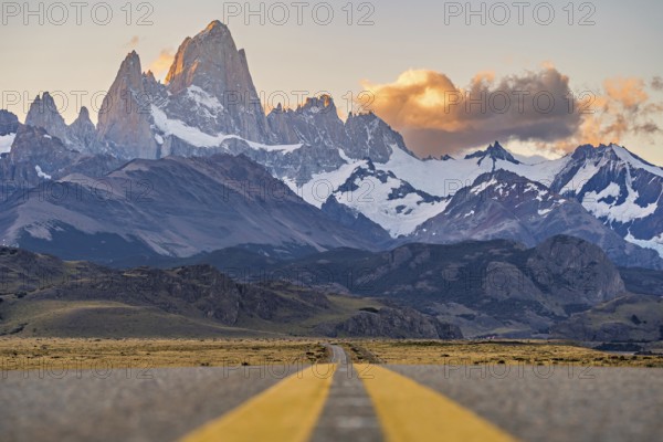 The Ruta Provincial 23 (RP23) road with Mount Fitz Roy in the morning light in Los Glaciares