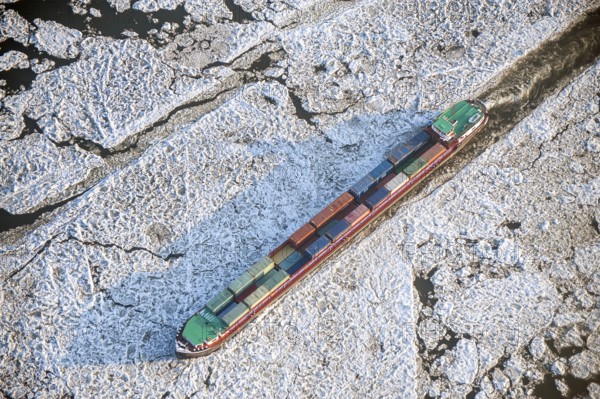 Aerial view of a barge during ice conditions on the Elbe, transport, traffic, weather, climate,