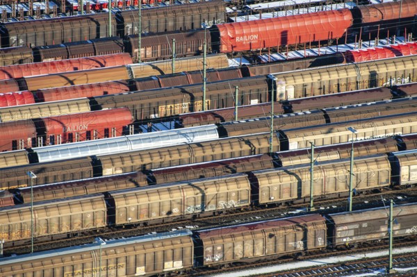 Aerial view Wagon, DB, railway, freight railway, distribute, arrange, logistics, transport, Maschen