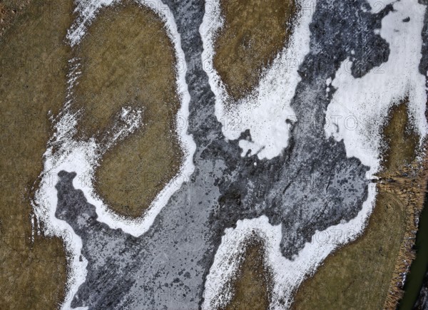 Icy landscape of the Havel floodplain in the Altmark. Aerial view. Havelberg, Saxony-Anhalt,