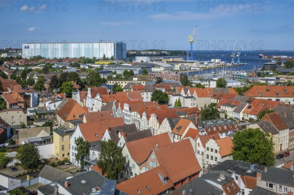 Wismar, Mecklenburg-Western Pomerania, Germany, city view of Wismar's old town centre, behind MV