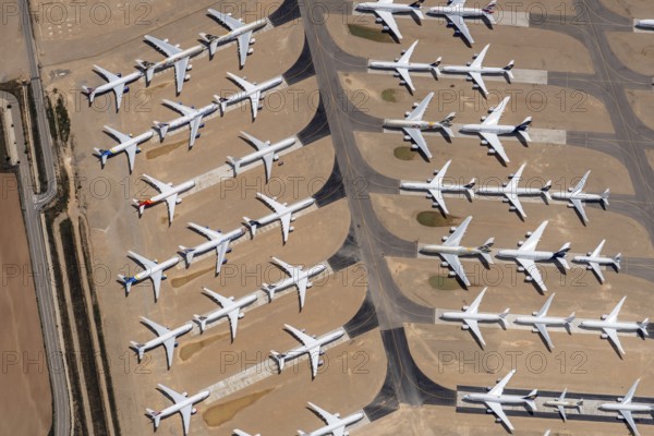 Aerial view of parked commercial aircraft at Teruel Airport in Aragon, parking, storage, scrapping,