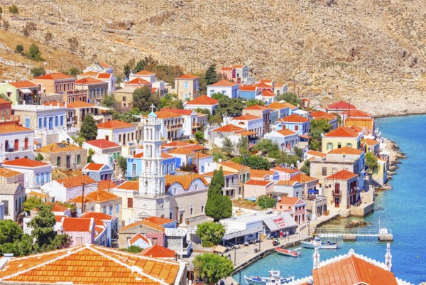 Emporio town, top view, Halki Island, Dodecanese Islands, Greece, Europe