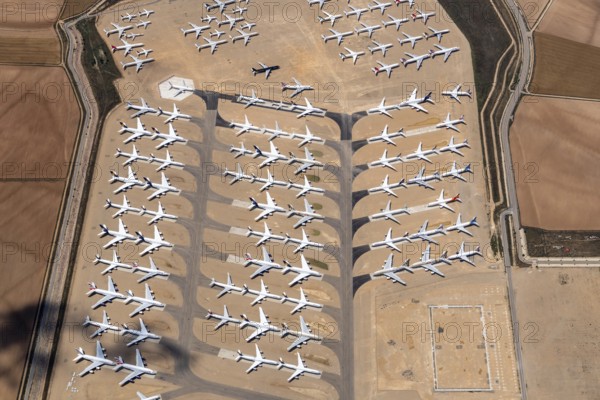 Aerial view of parked commercial aircraft at Teruel Airport in Aragon, parking, storage, scrapping,