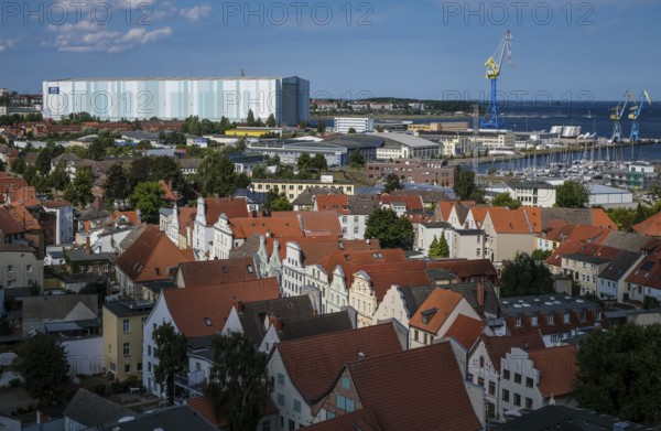 Wismar, Mecklenburg-Western Pomerania, Germany, city view of Wismar's old town centre, behind MV