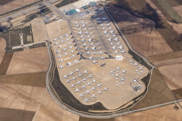 Aerial view of parked commercial aircraft at Teruel Airport in Aragon, parking, storage, scrapping,