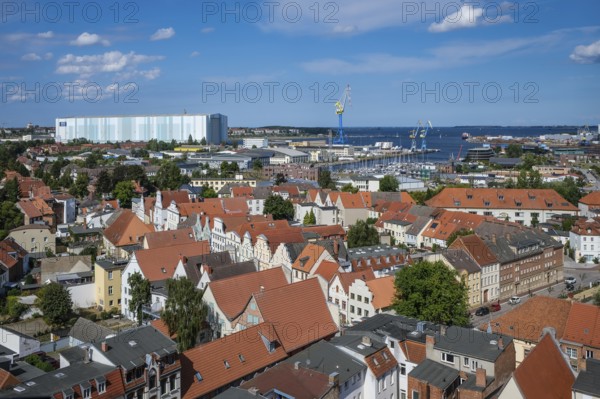 Wismar, Mecklenburg-Western Pomerania, Germany, city view of Wismar's old town centre, behind MV