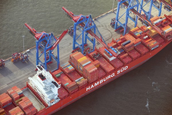 Aerial view of the container ship of the shipping company Hamburg Süd the Santa Teresa at the