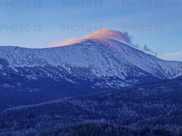 The Giant Mountains with the Schneekoppe in the early morning in winter. Aerial photo. Karpacz,
