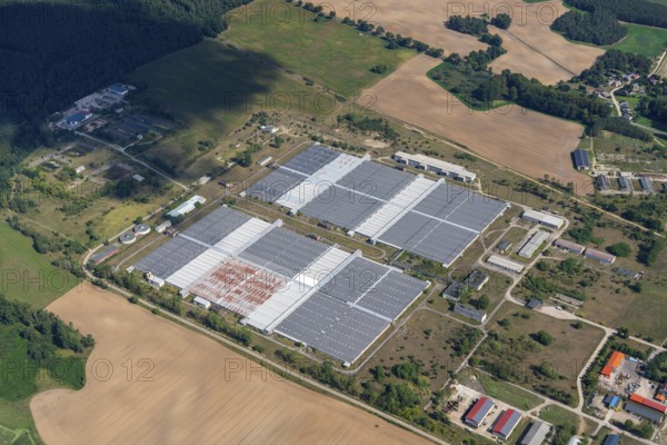 Aerial view of Haßleben pig fattening plant, largest pig fattening plant in the GDR, not in