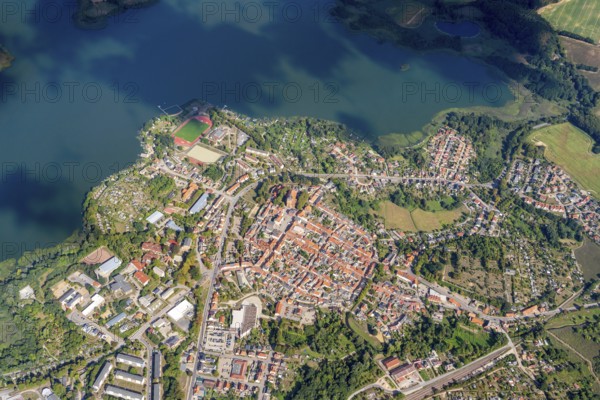 Aerial view of the town of Sternberg, Sternberger Seenland nature Park, lake district, terminal