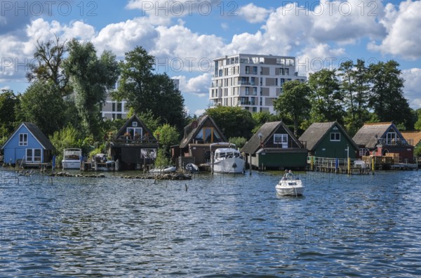 Schwerin, Mecklenburg-Vorpommern, Germany, boathouses on the Ziegelsee, in the 1970s, several