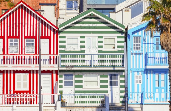 Traditional wooden striped houses, Costa Nova do Prado, Aveiro, Portugal, Europe