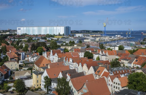 Wismar, Mecklenburg-Western Pomerania, Germany, city view of Wismar's old town centre, behind MV