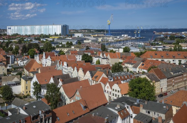 Wismar, Mecklenburg-Western Pomerania, Germany, city view of Wismar's old town centre, behind MV