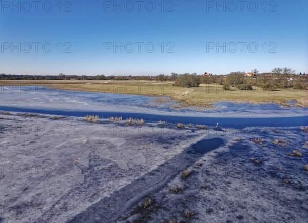 Icy river landscape of the Havel floodplain in the Altmark. Aerial view. Havelberg, Saxony-Anhalt,