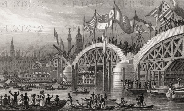 New London Bridge, with the Lord Mayor's Procession 1827, London, illustration by Th. H. Shepherd