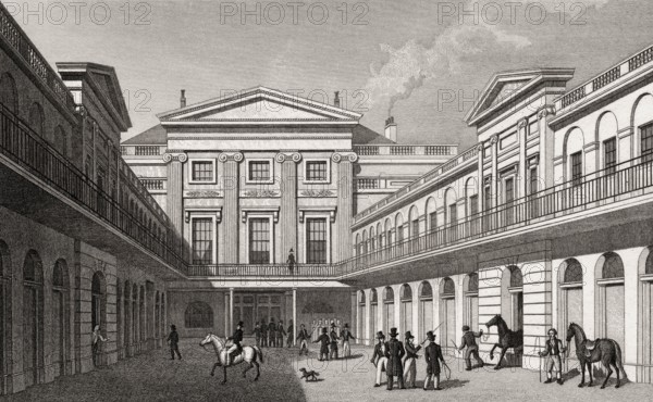 London Horse and Carriage Repository, Gray's Inn Road, London, UK, illustration by Th. H. Shepherd,