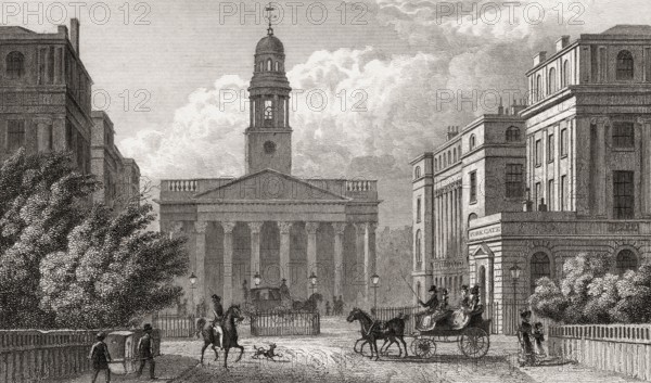 York Gate with St Marylebone Parish Church, Regent's Park, London, UK, illustration by Th. H.