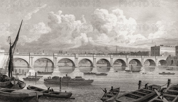 Waterloo Bridge, London, UK, illustration by Th. H. Shepherd, 1826