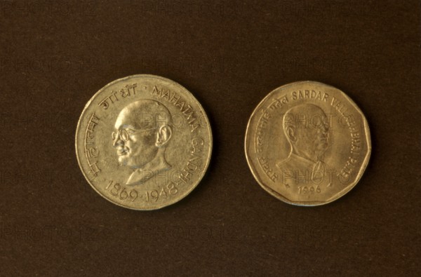Coins with face mark of mahatma gandhi and v. patel, India, Asia
