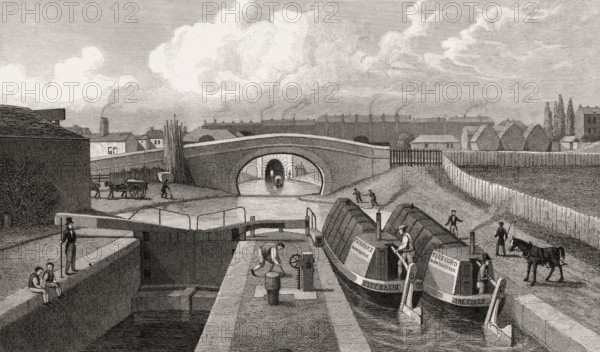 The Double Lock and East Entrance to the Islington Tunnel, Regent's Canal, London, illustration by