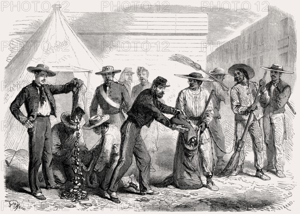 French soldiers distributing their remaining biscuit, Second Franco-Mexican War, 1863