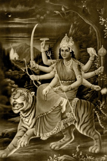 Heritage, old picture postcard, 1935 mythology Ambamata on tiger, Bombay Mumbai, Maharashtra,