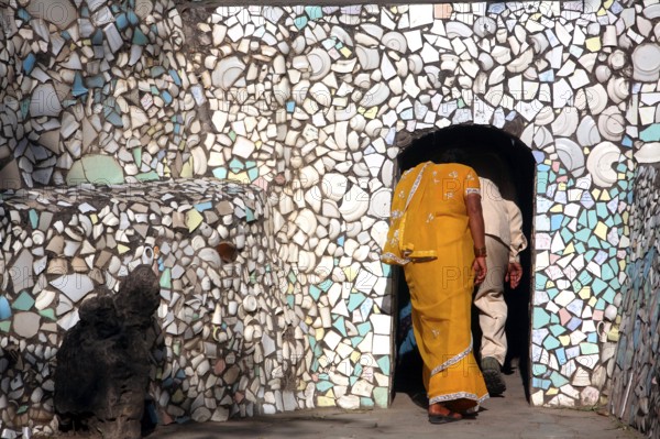 Tourists at Rock garden initiated by Nek Chand around 1957at Chandigarh Union Territory, India,