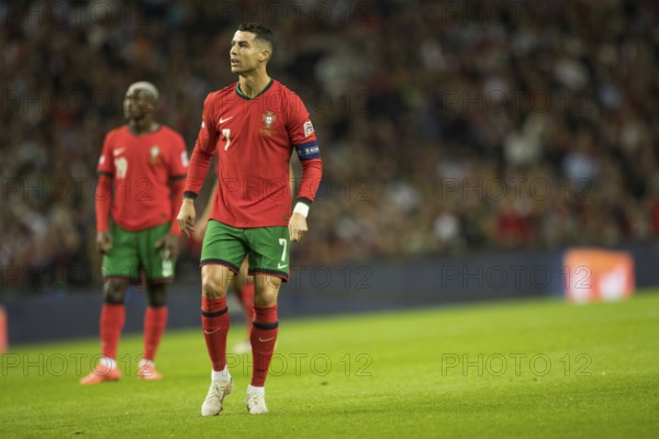 Football match, captain Cristiano RONALDO CR7 Portugal has just taken a free kick with his right