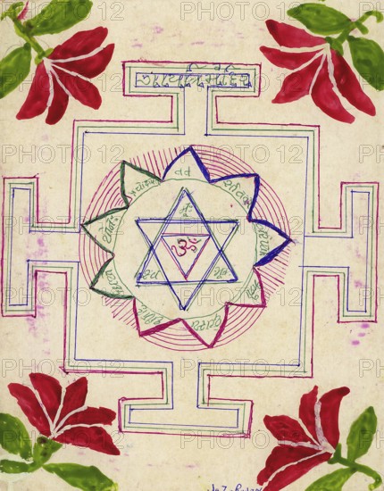 Yantra dedicated to Goddess Gayatri, Yantra made in mid 1970's, India, Asia