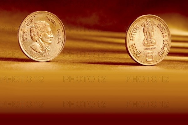 Double pair Indian currency five rupees coin front side and backside manner embossed Indira Gandhi
