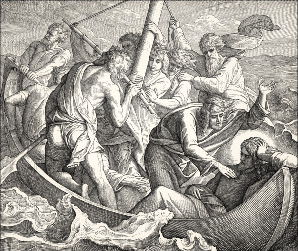 Jesus sleeps in boat during the storm, New Testament, by Julius Schnorr von Carolsfeld, 1860
