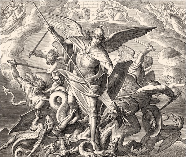 Saint Michael Fighting the Dragon, Book of Revelation, New Testament, by Julius Schnorr von