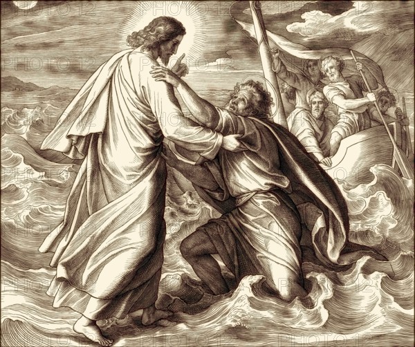 Jesus walking on the water, New Testament, by Julius Schnorr von Carolsfeld, 1860