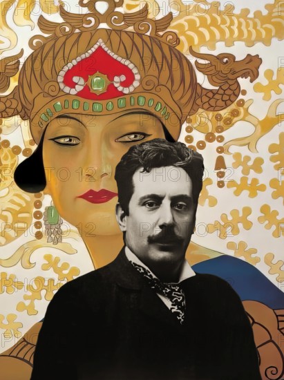 Portrait of Giacomo Puccini, digitally edited according to a photograph, promotional poster for