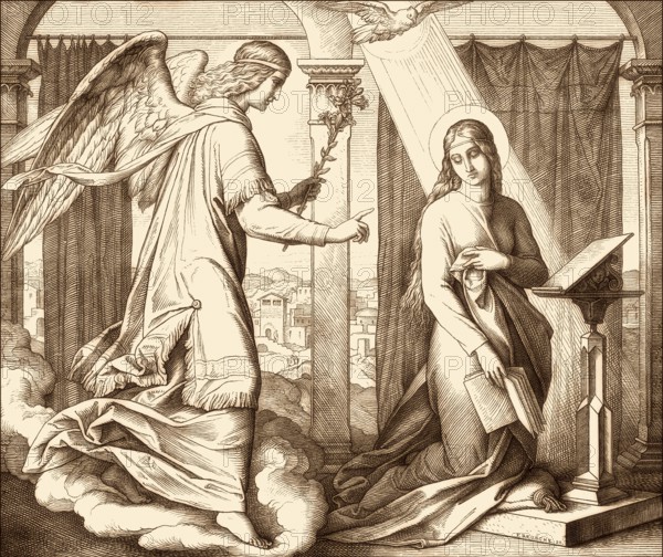 The Angel Gabriel brings the message to Mary about Jesus' birth, by Julius Schnorr von Carolsfeld