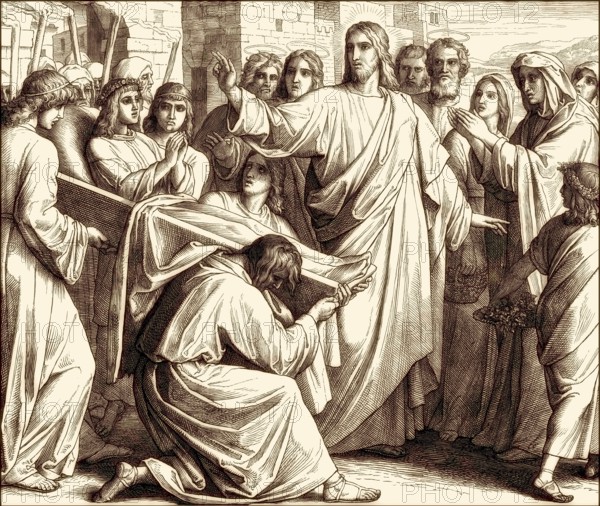 The raising of the son of the widow of Nain, New Testament, by Julius Schnorr von Carolsfeld, 1860