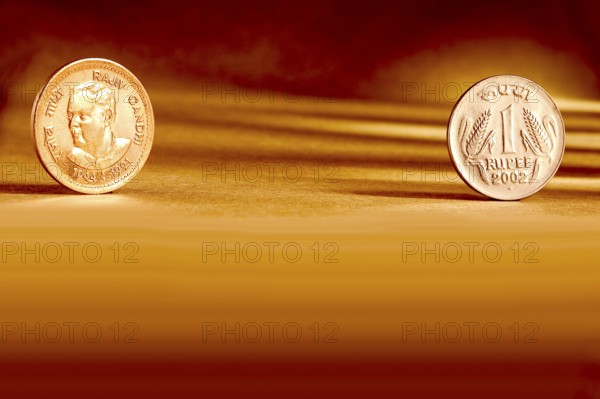 Double pair Indian currency one rupees coin front side and backside manner embossed Rajiv Gandhi