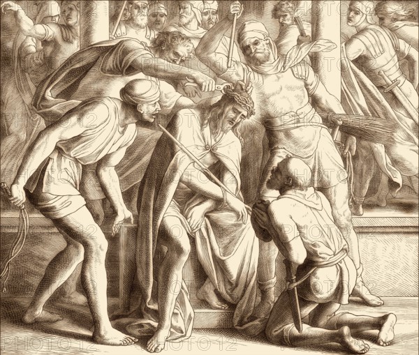 The mocking of Jesus, New Testament, by Julius Schnorr von Carolsfeld, 1860