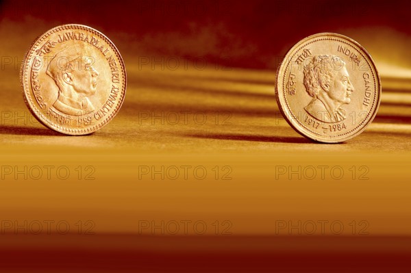Double pair Indian currency five rupees coin front side and backside manner embossed Jawaharlal